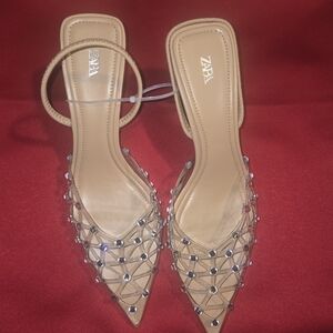 Zara Women's Tan Heels with Silver Accents